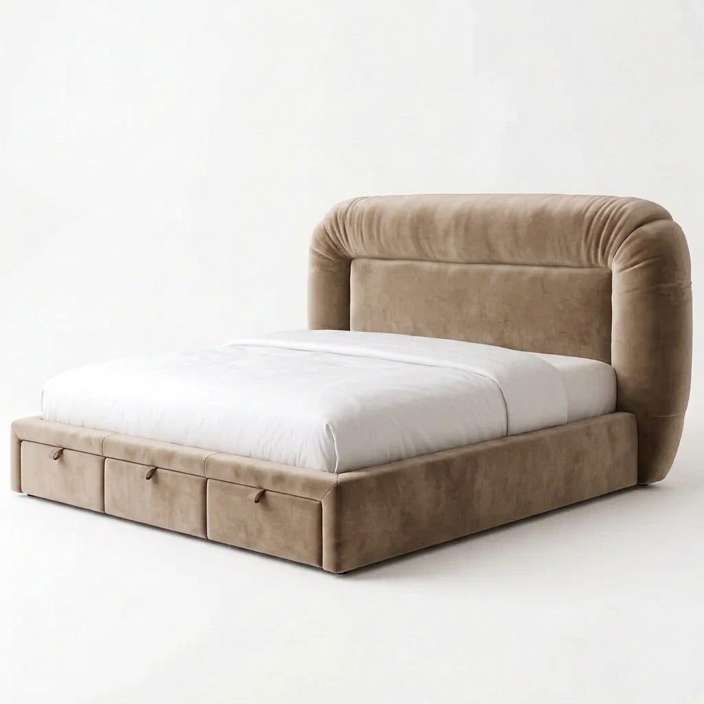 Varenna bed in cafe premium velvet with rounded padded headboard and three front drawers