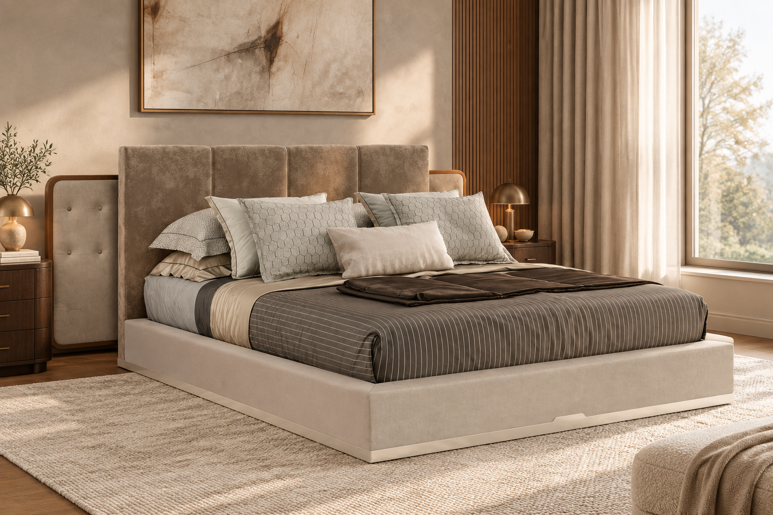 Lola off-white and brown upholstered bed in a warm neutral luxury bedroom