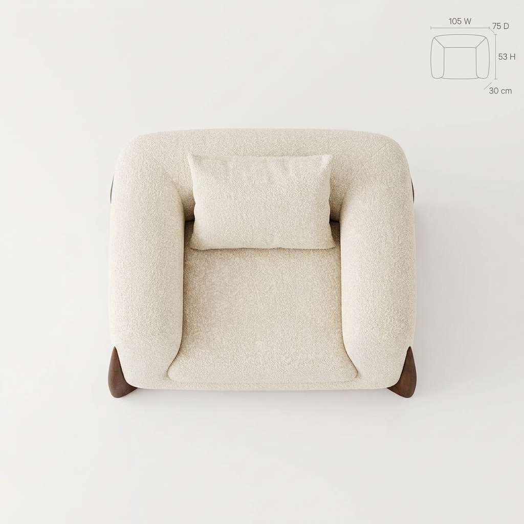 Nerelle beige bouclé armchair, overhead view on white