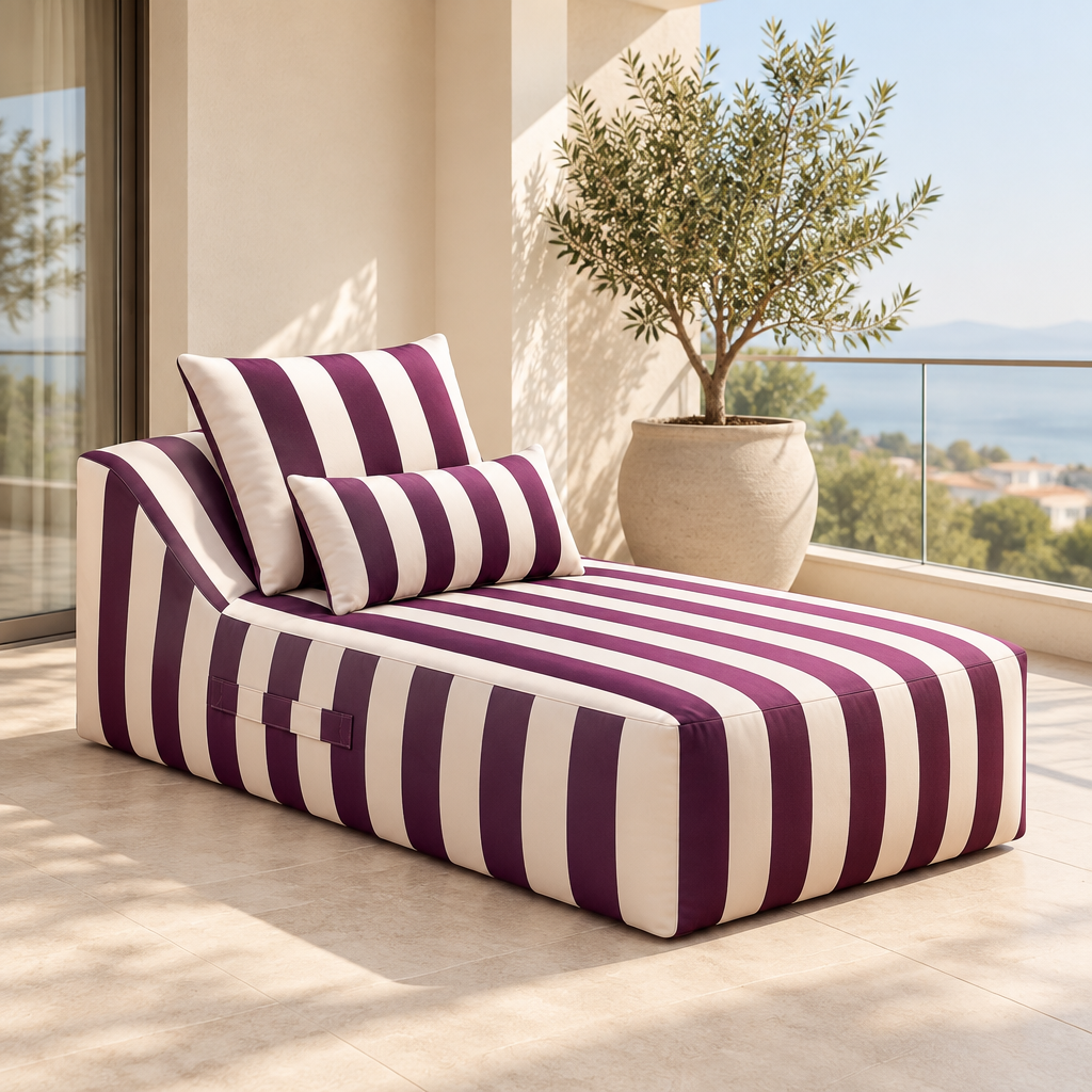 Riva striped outdoor chaise lounge styled on a contemporary balcony