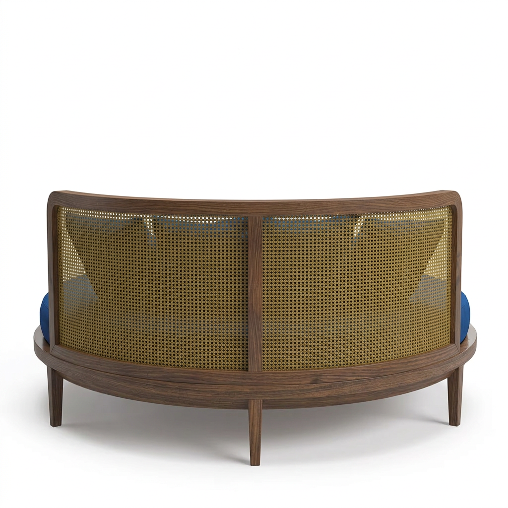 Orvello round wood bed, back view on white