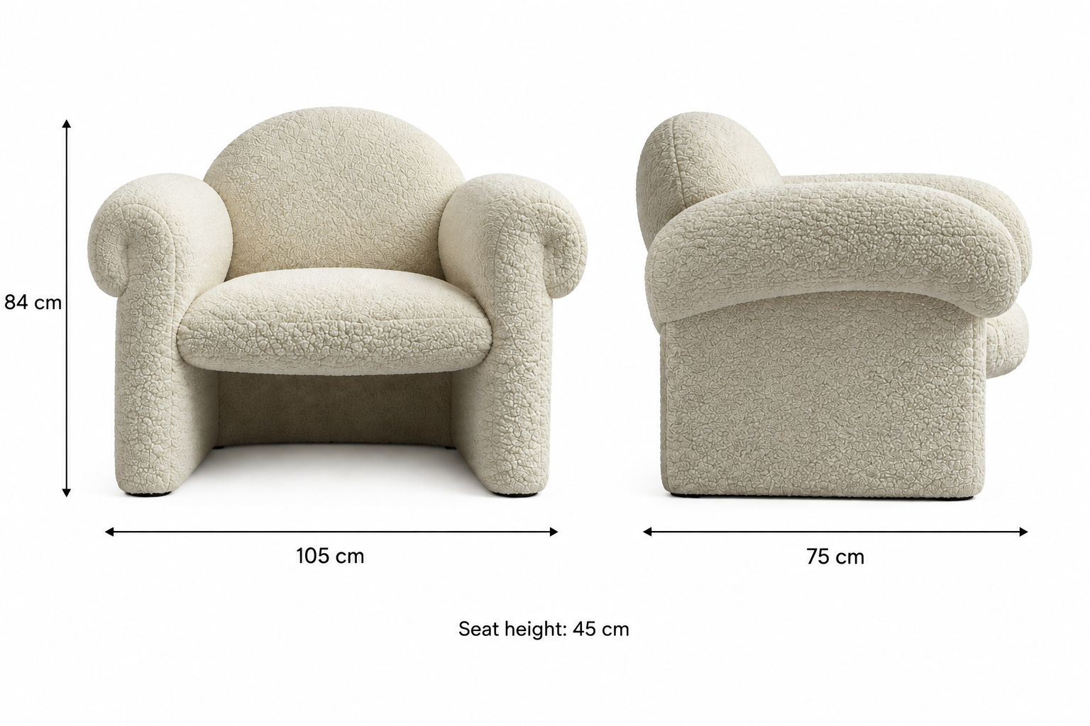 Winter Arm Chair dimensions: 105 cm wide, 75 cm deep, 84 cm overall height, 45 cm seat height