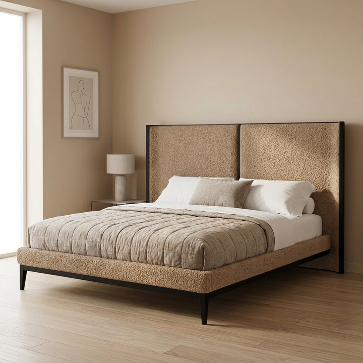 Varen light brown boucle bed in bedroom