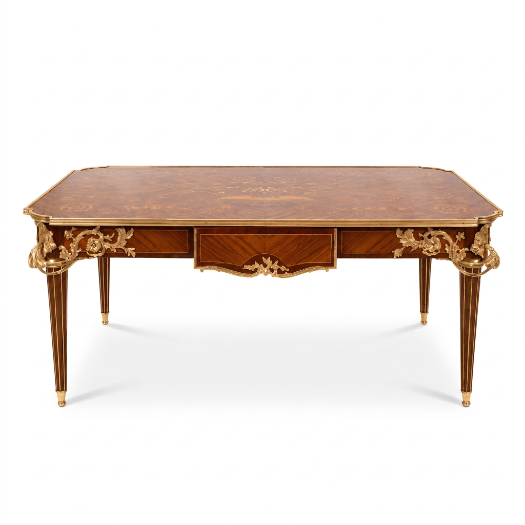 Virelle floral marquetry table with ornate brass details, front view on white