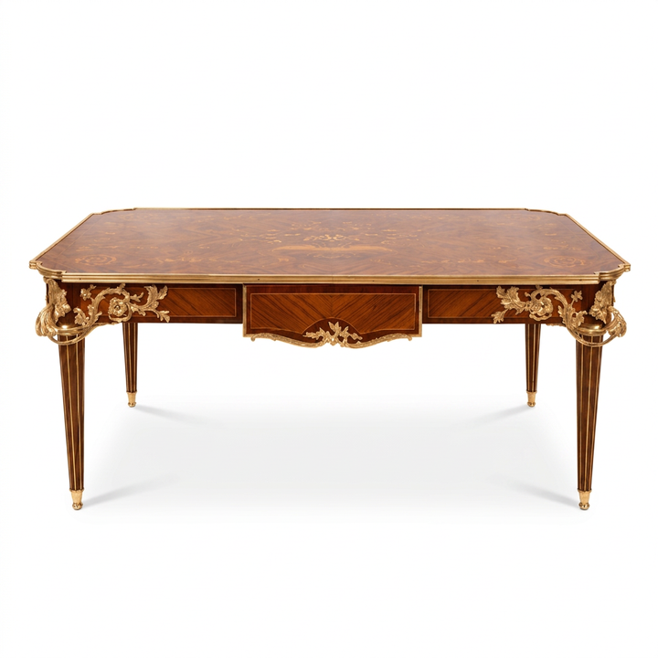 Virelle floral marquetry table with ornate brass details, front view on white