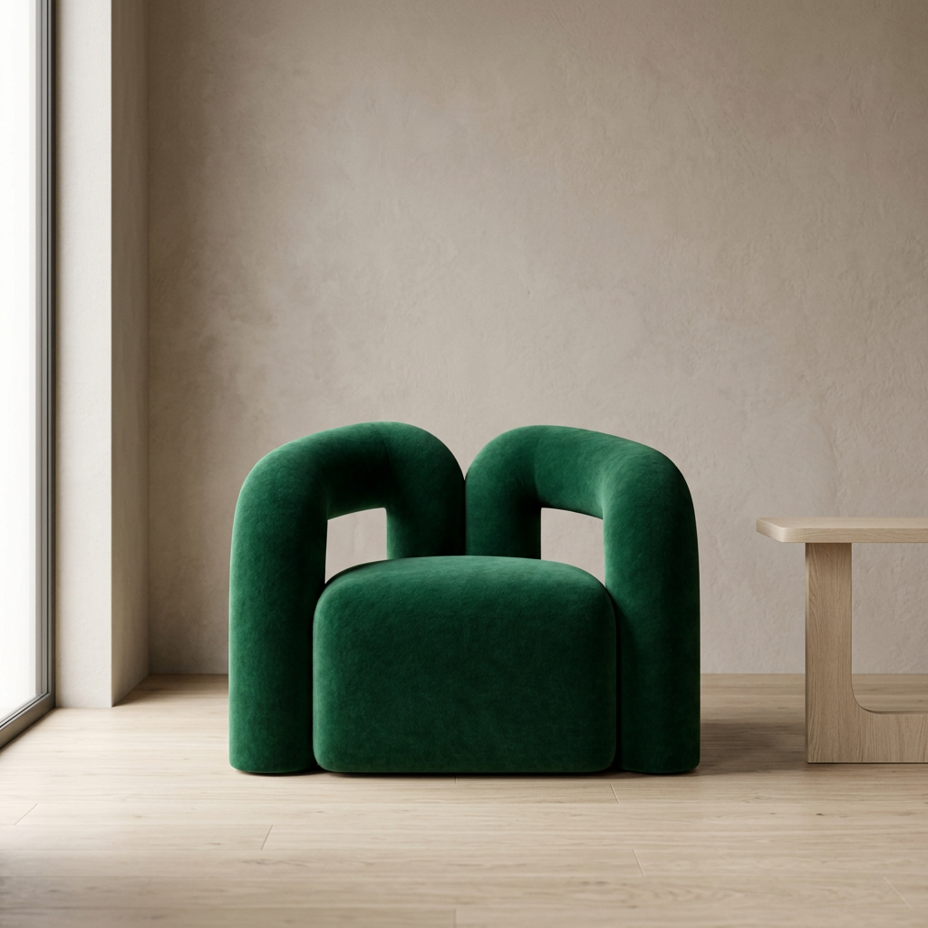 Nova emerald green velvet armchair, front view in a contemporary room