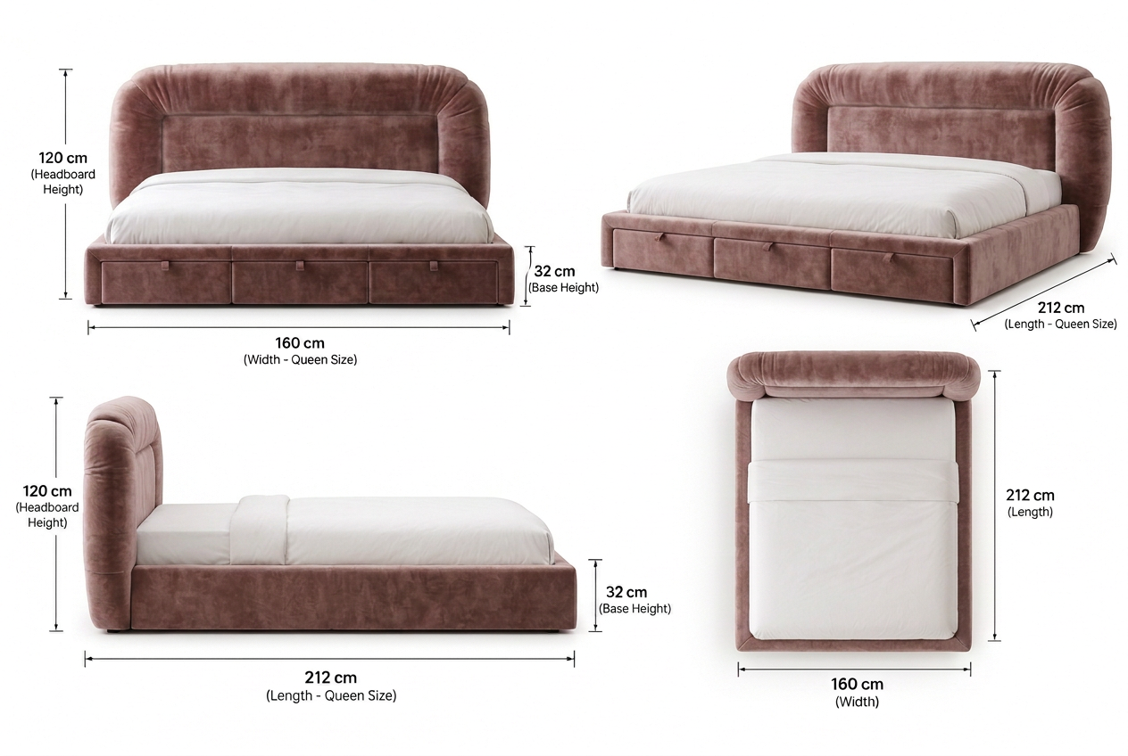 Varenna Queen dimension guide without pillows, showing the full upholstered headboard