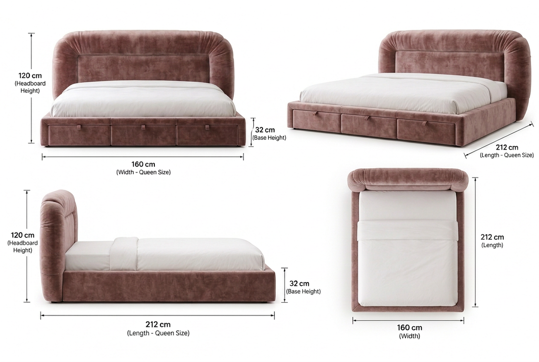 Varenna Queen dimension guide without pillows, showing the full upholstered headboard