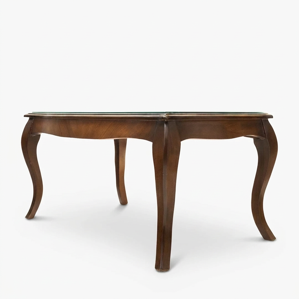 Montelle walnut glass-top coffee table, low corner view on white background