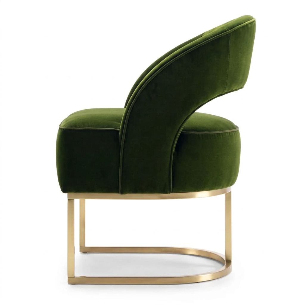 Virenne green upholstered and gold dining chair, right-side view