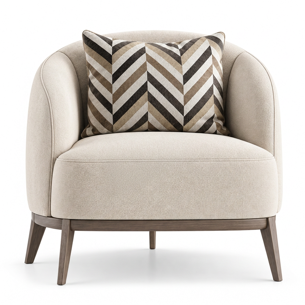 Arielle ivory upholstered wood-base armchair front view on white