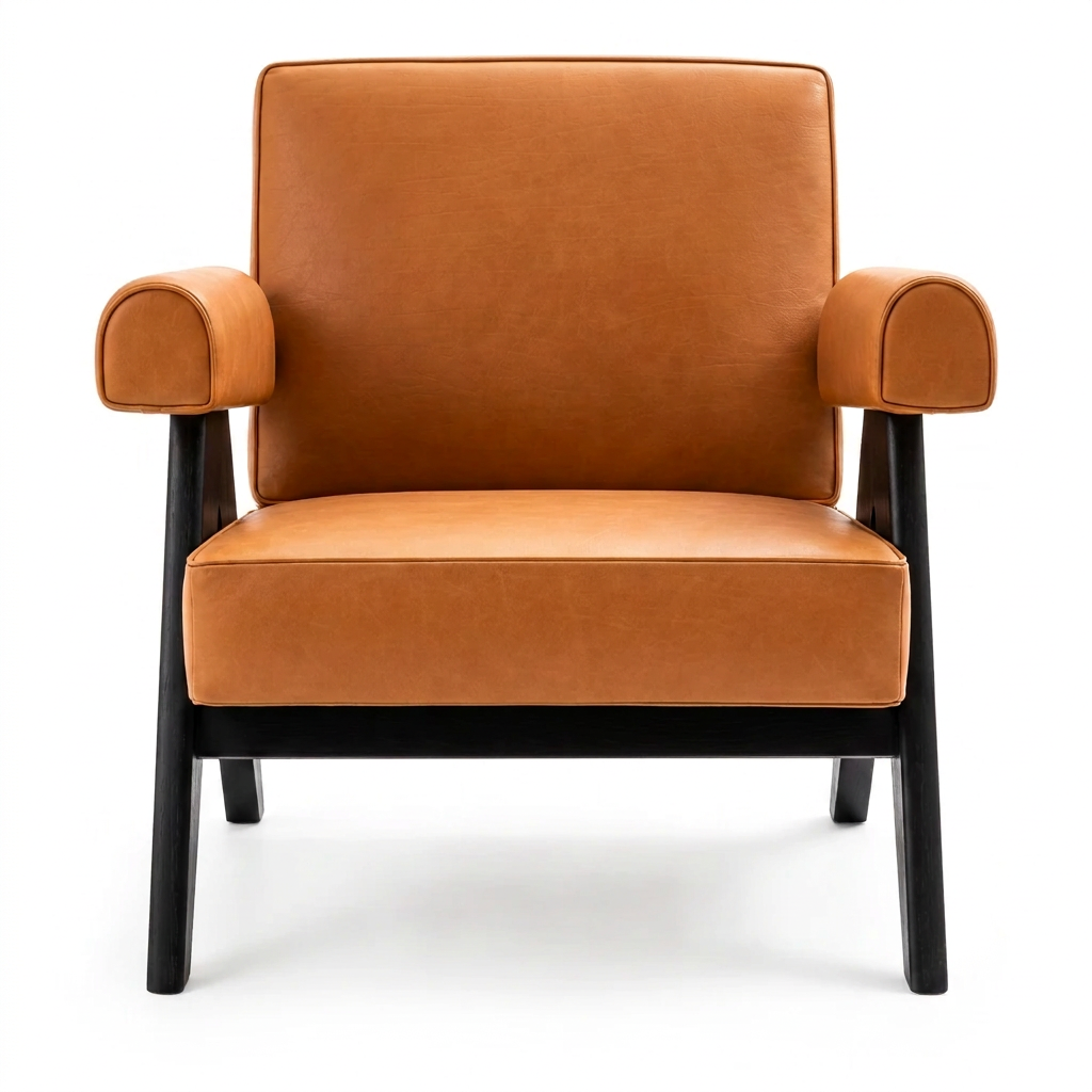 Ronan light-brown leather and black wood armchair front view