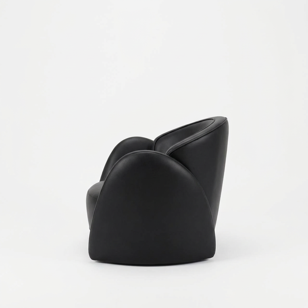 Varenne black faux leather armchair, right-side view on white