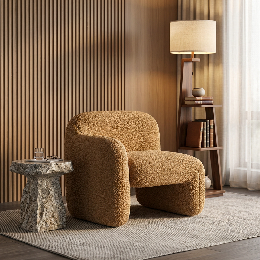 Tovelle caramel bouclé single-arm accent chair in a warm reading room