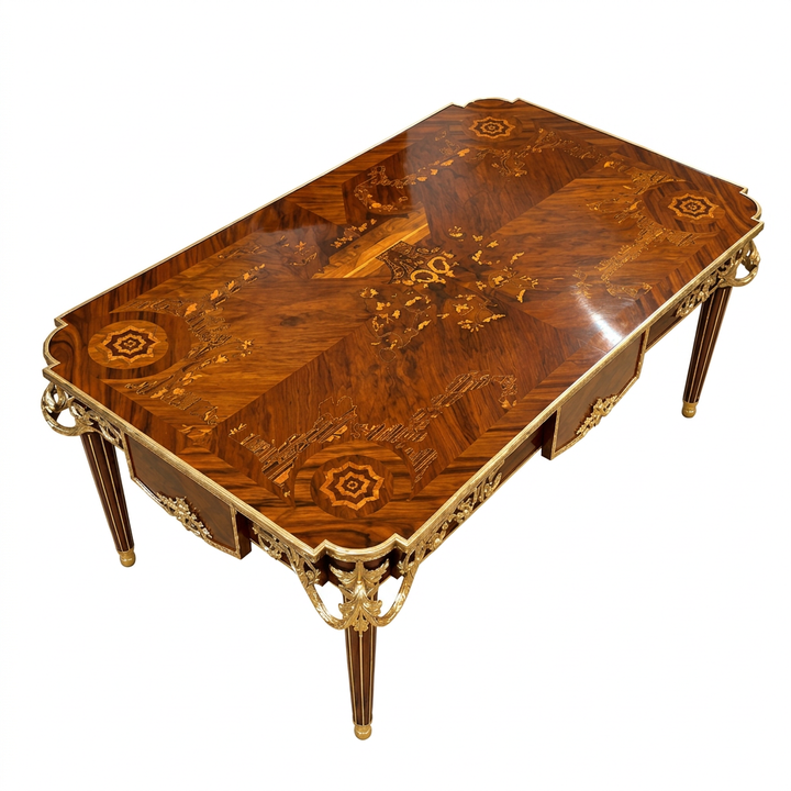 Virelle floral marquetry table, elevated corner view showing patterned top