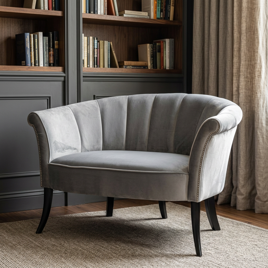 Serelle grey channel-back armchair in a warm reading room