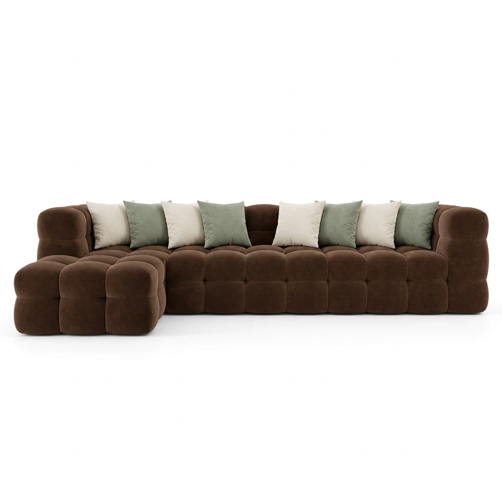Mira brown velvet sofa front view with contrasting cushions