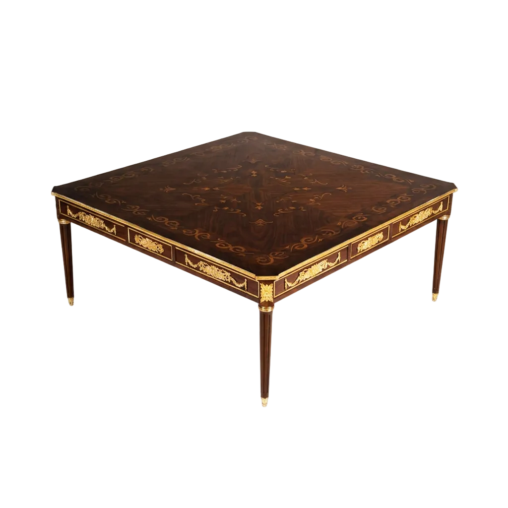 Square brown wood and brass coffee table, elevated angle on white background