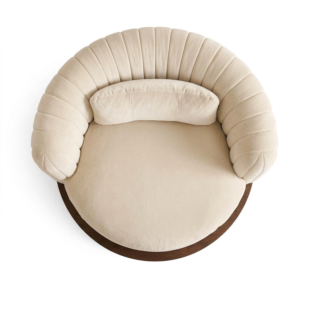 AI-reconstructed overhead view of Solenne ivory armchair with lumbar cushion on white