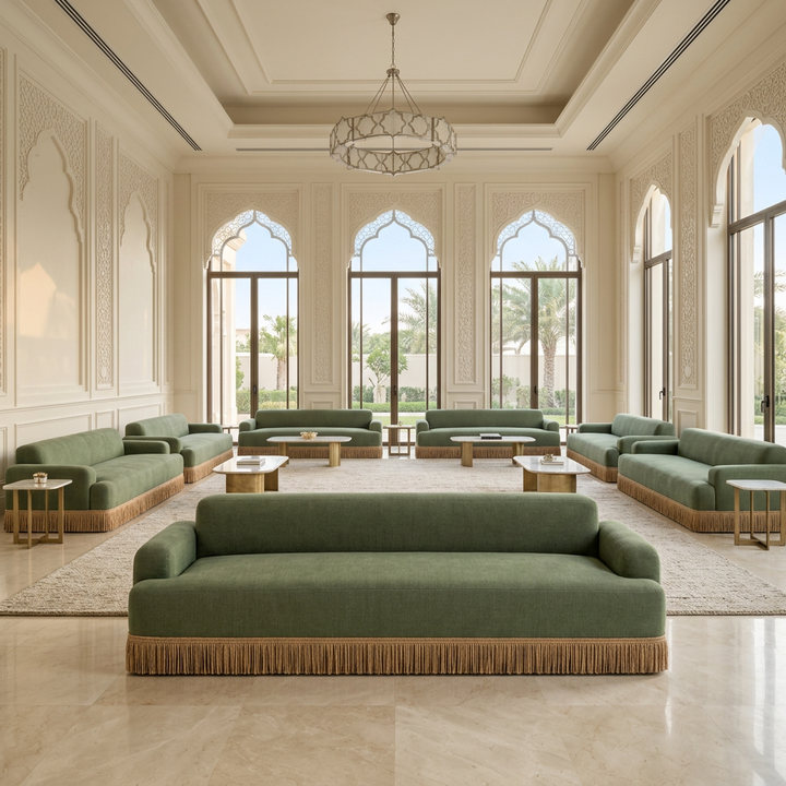 AI-generated Rosalia sage green sofa in a 7 m by 10 m villa majlis concept