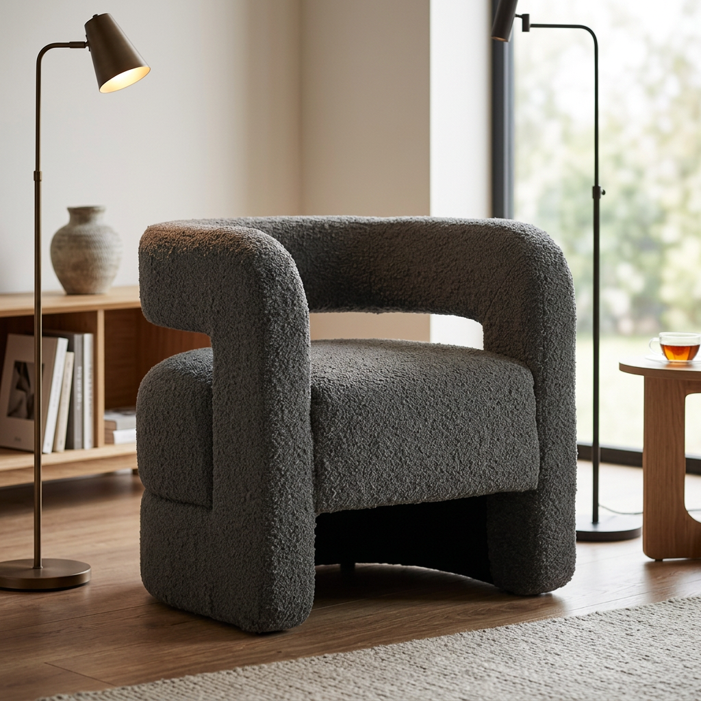 Elaris grey bouclé armchair styled in a modern reading room