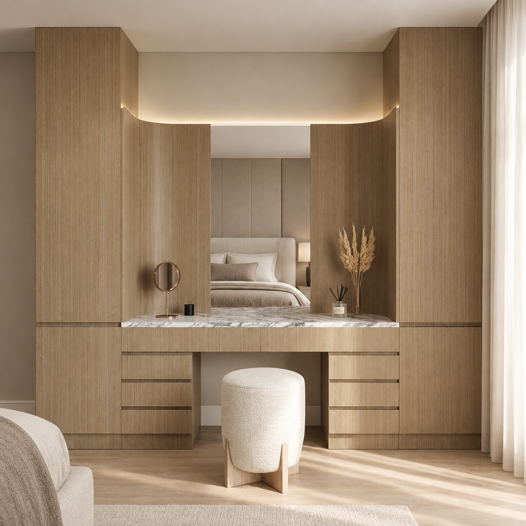 Verona vanity with light wood cabinetry and marble countertop, front bedroom view