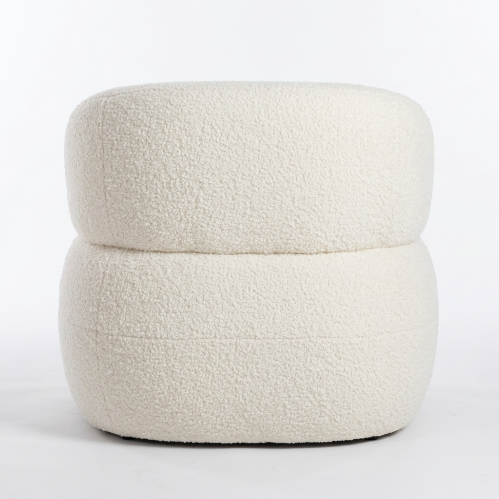 Soreva ivory bouclé armchair, rear view on white