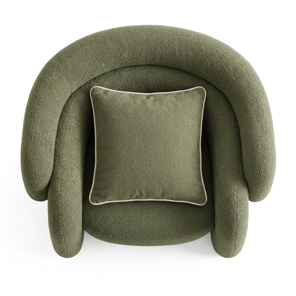 Riva olive green bouclé armchair top view on white