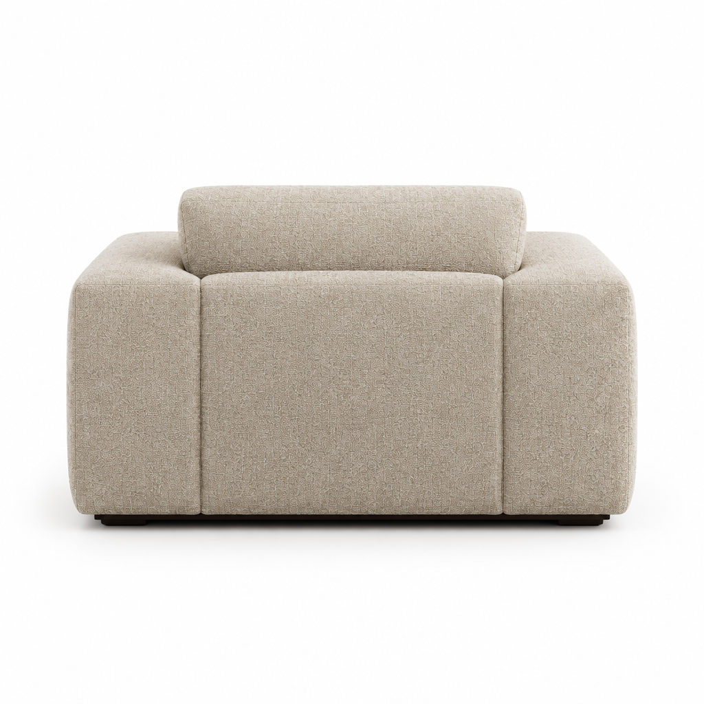 Oriana Tufted Chenille Arm Chair, oat upholstery, back view on white