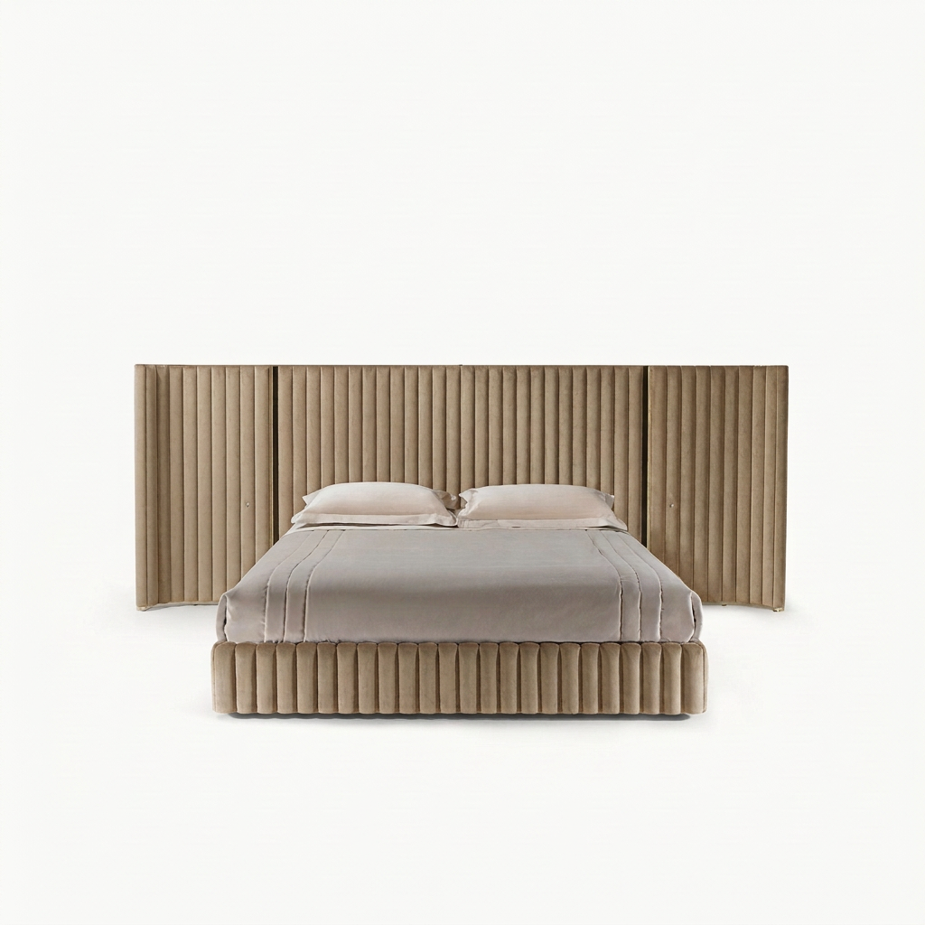 Neris wide channel upholstered bed in beige fabric