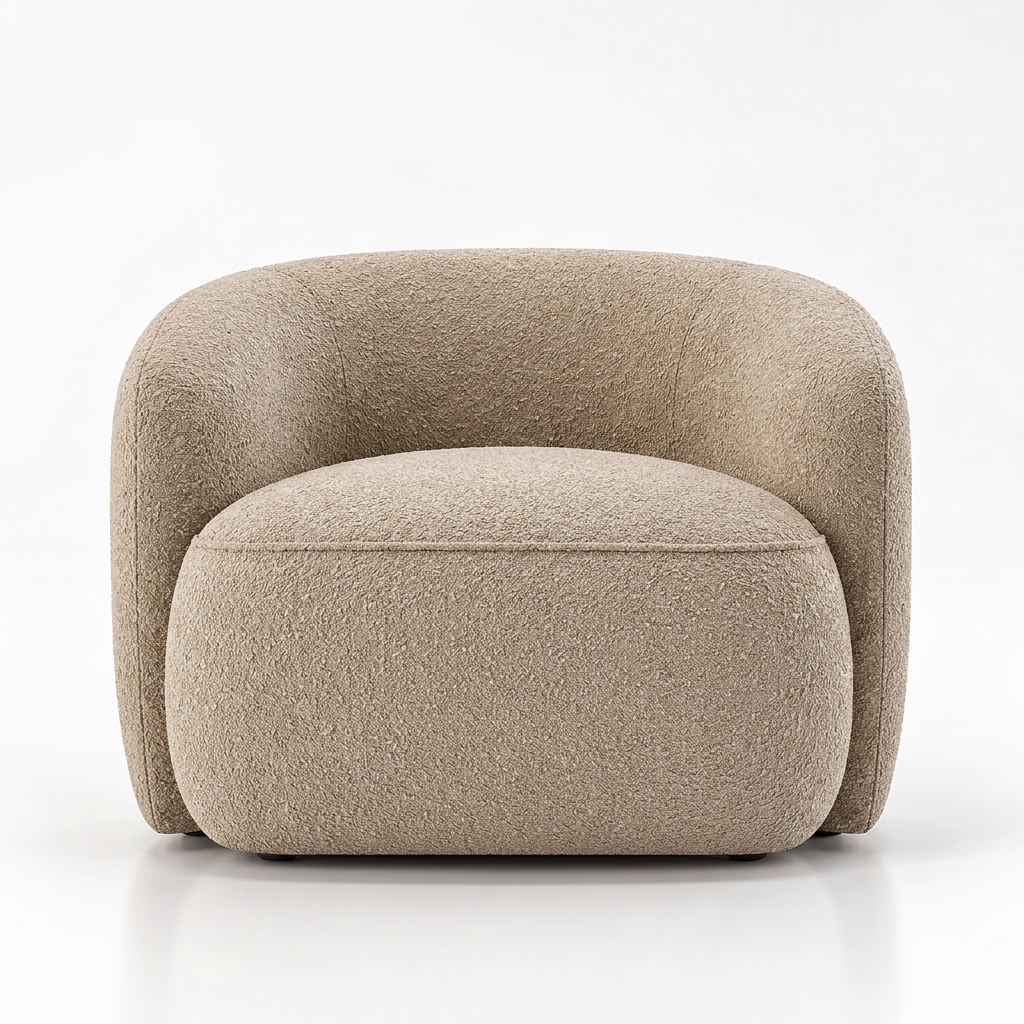 Remi warm beige bouclé barrel armchair front view on white