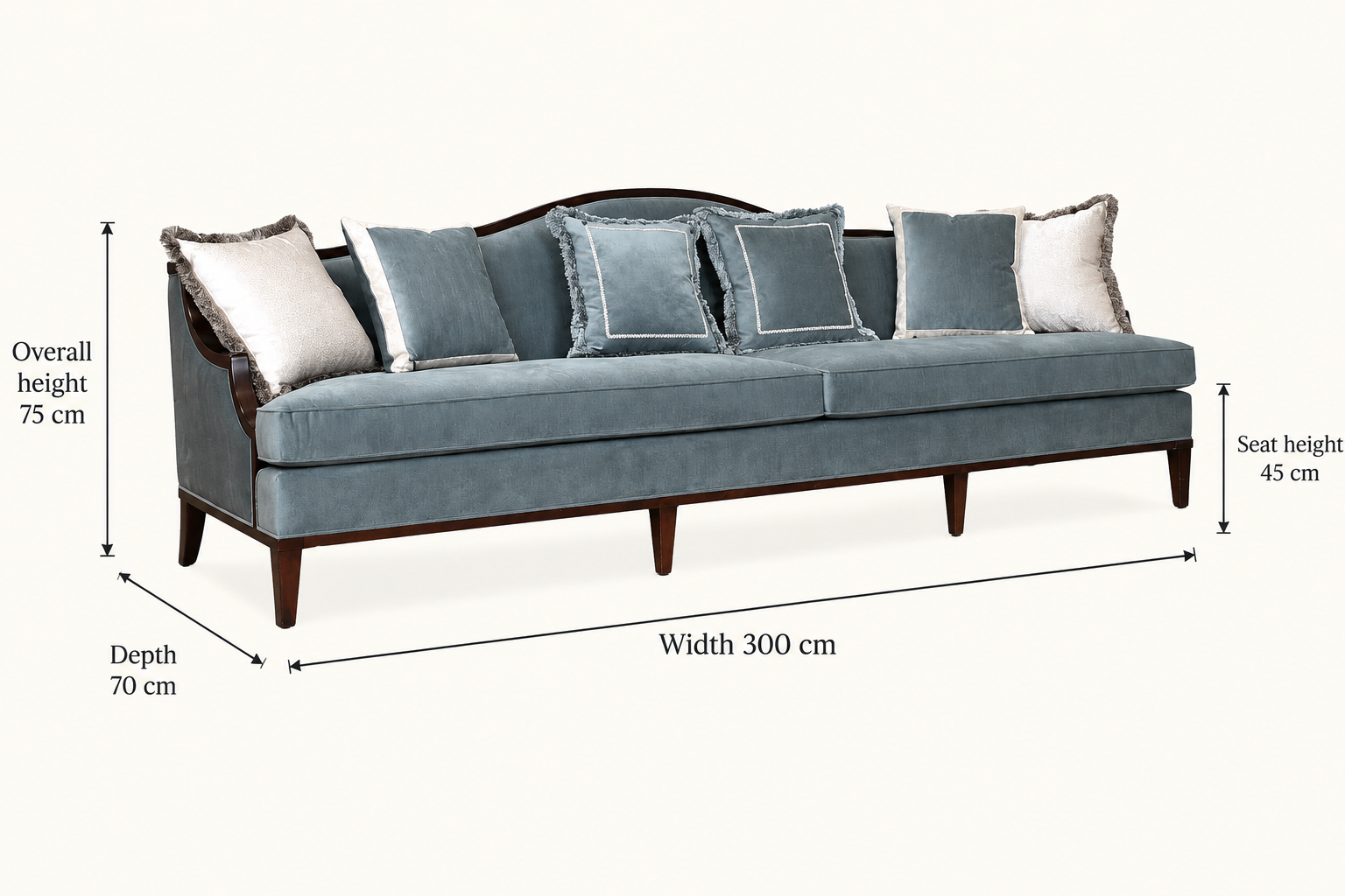 Monaco sofa dimension arrows: 300 cm width, 70 cm depth, 75 cm height, 45 cm seat height