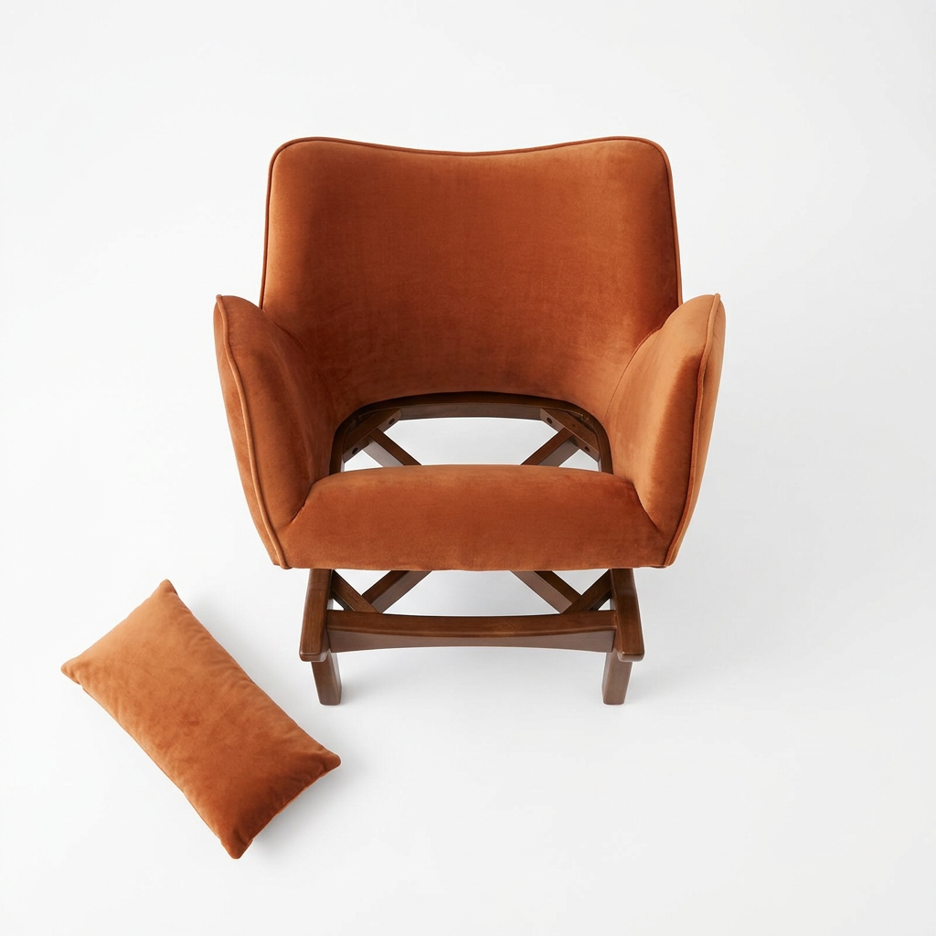 Renelle orange velvet armchair, overhead view on white