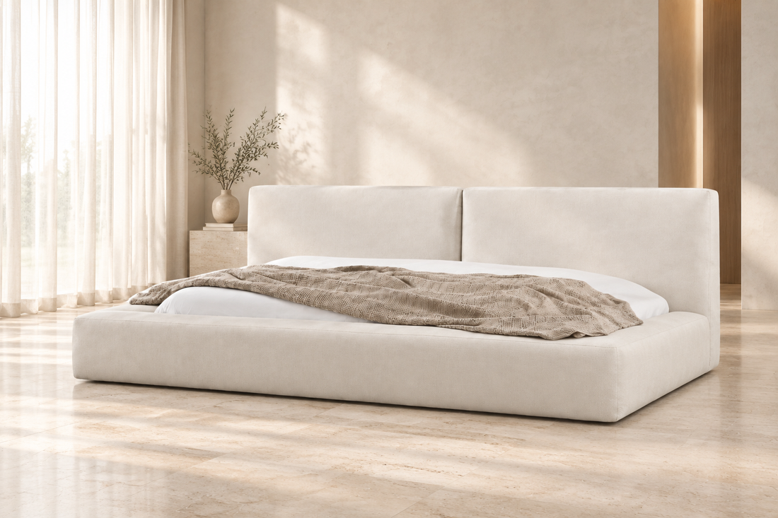 Sora bed in a minimalist ivory bedroom