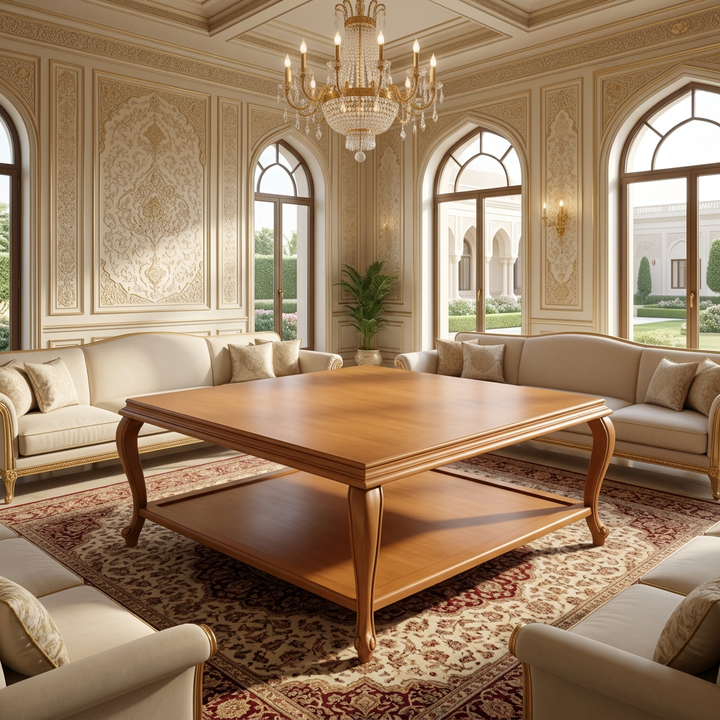 Mirecourt honey wood coffee table displayed in a luxury palace majlis