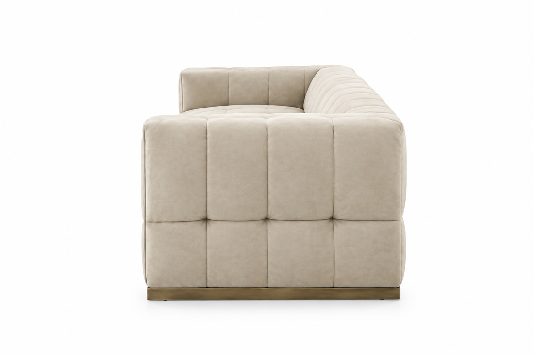 Elara suede sofa side view on white background