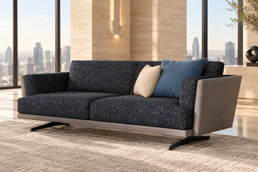 Lior navy and gray sofa in a luxury ultra-modern living room