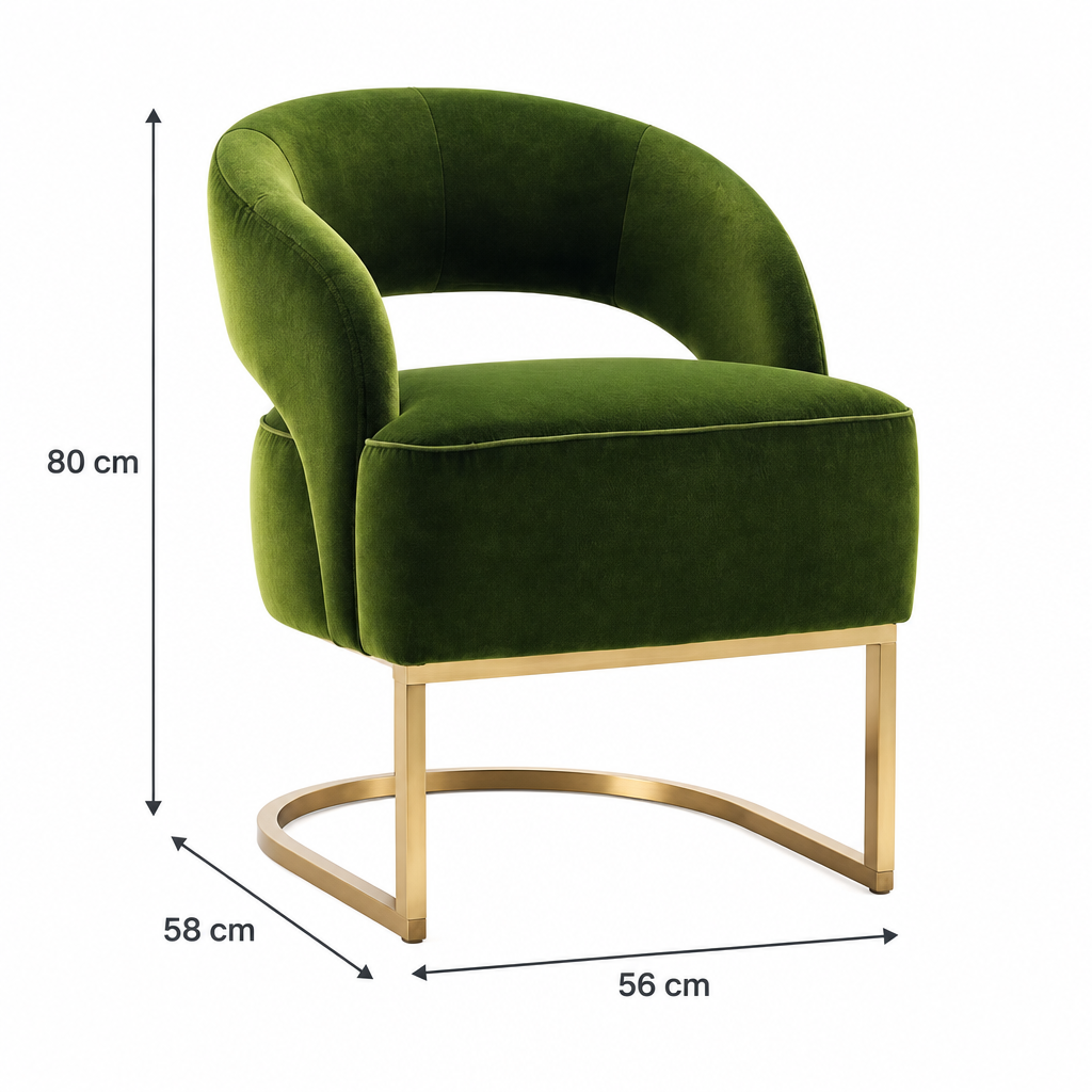 Olive dining chair dimensions: width 56 cm, depth 58 cm, height 80 cm