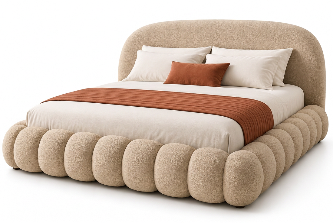 Mirea sculptural upholstered bed in beige premium boucle