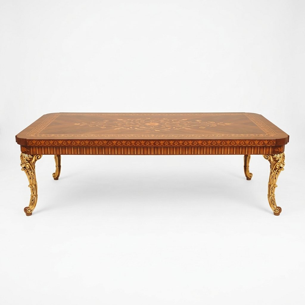 Ravelle marquetry coffee table, straight elevation on white background