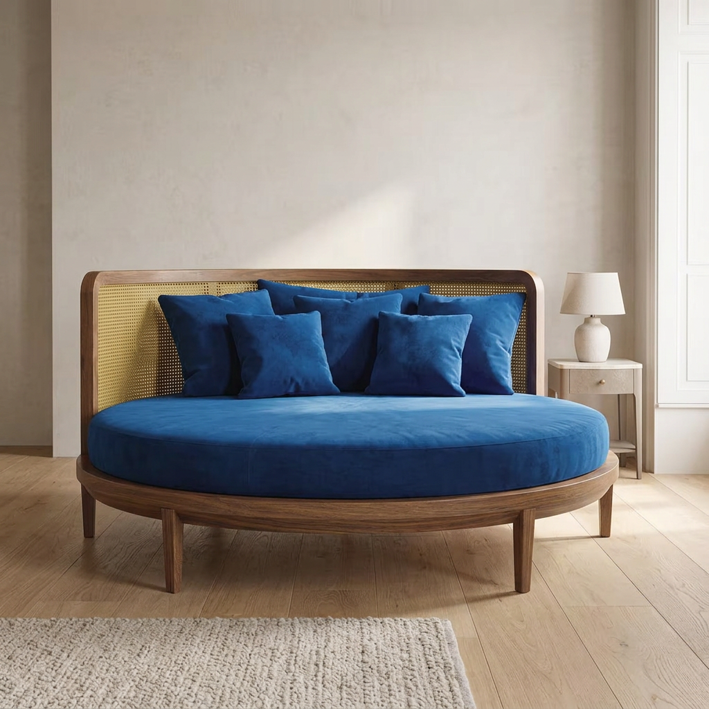 Orvello round wood bed, front view styled in a bedroom