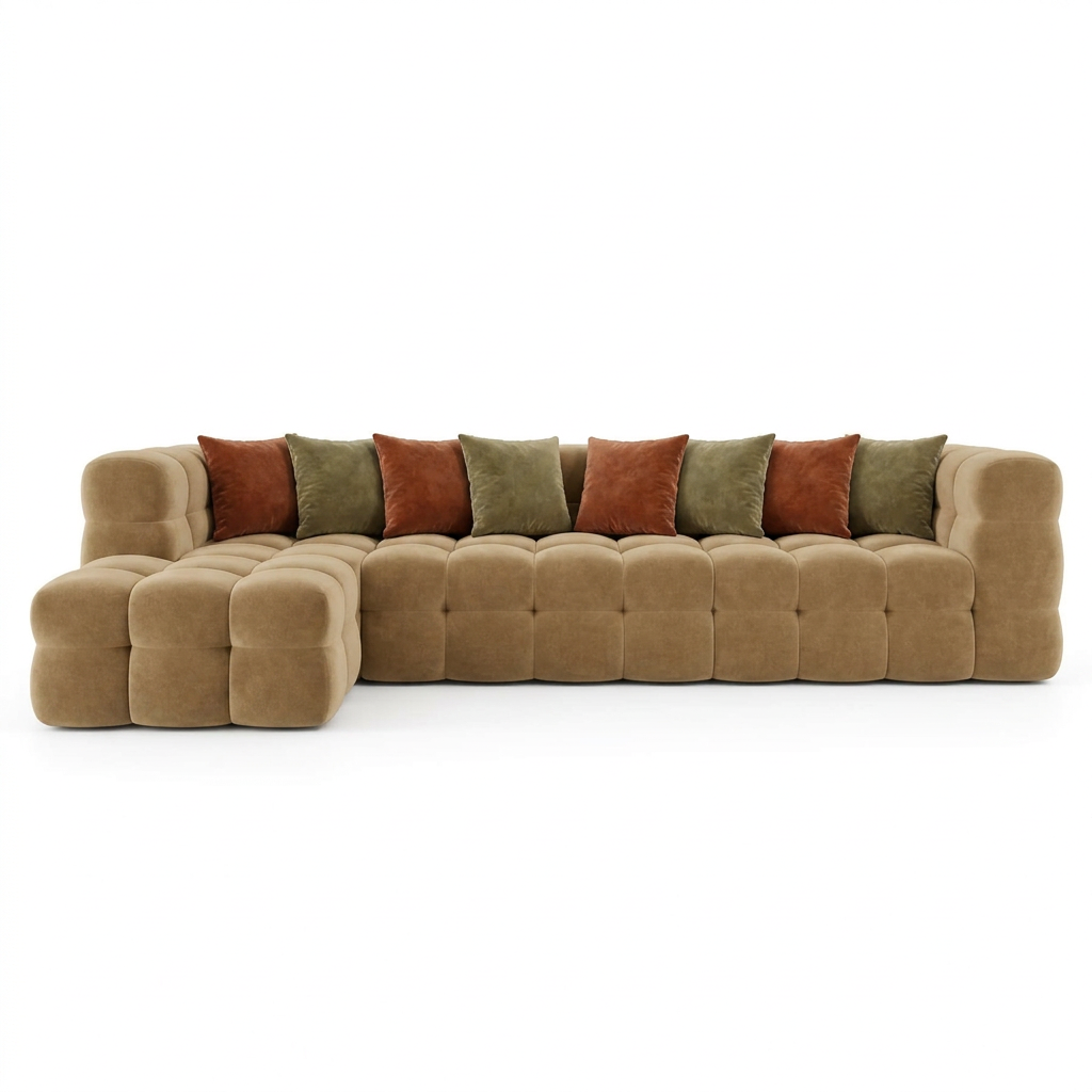 Mira beige velvet sofa with contrasting cushions
