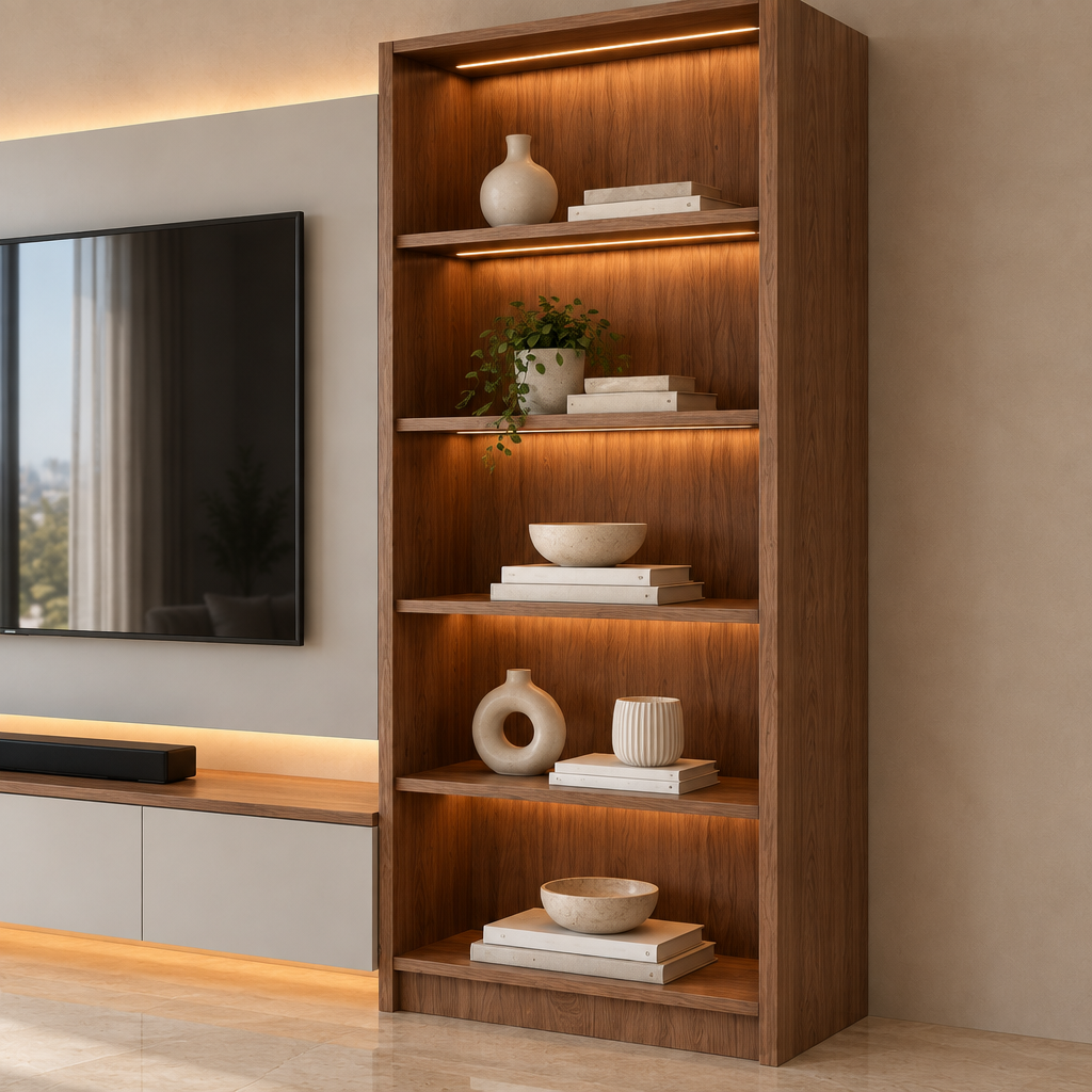 Side-angle close-up of Mira Bespoke TV Media Wall's wood-toned illuminated shelving in a luxury modern living room