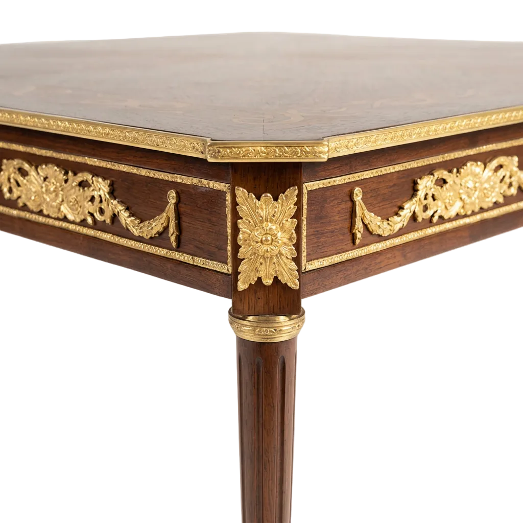 Brass floral apron and tapered wood leg detail