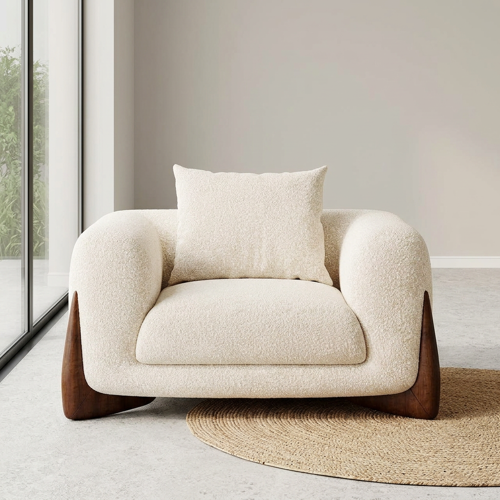 Nerelle beige bouclé armchair, front view in a neutral living room