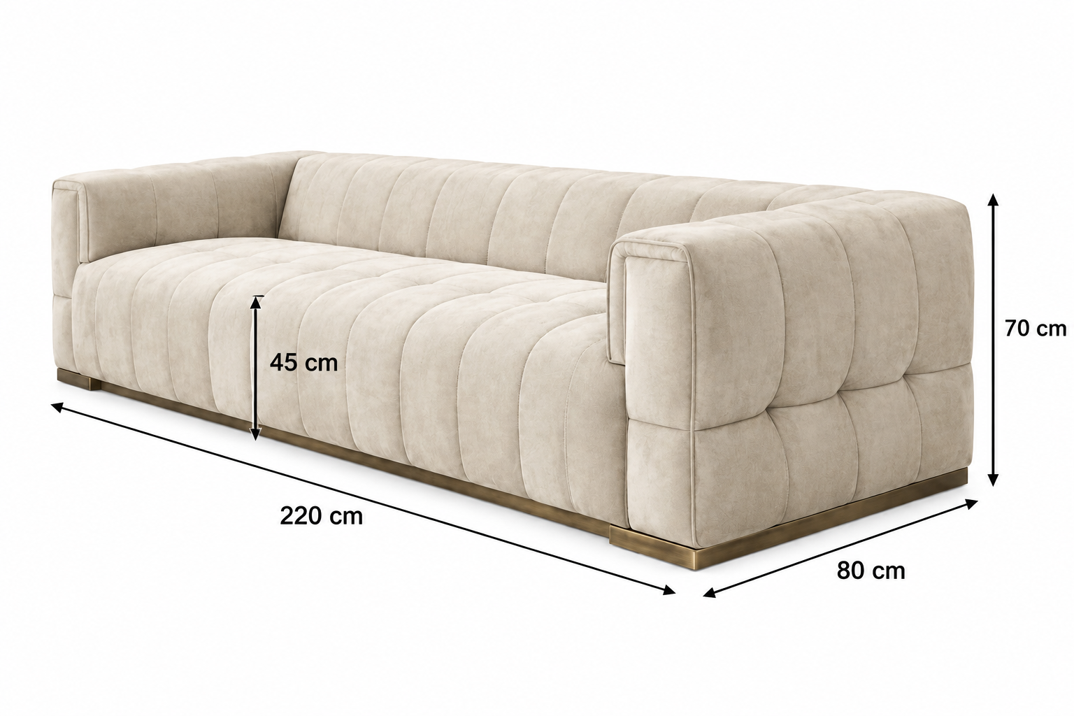 Elara suede sofa 3-seater dimensions: 220 cm length, 80 cm depth, 70 cm overall height and 45 cm seat height