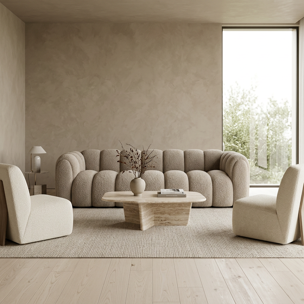 Sella boucle sofa styled in a luxury living room with two lounge chairs