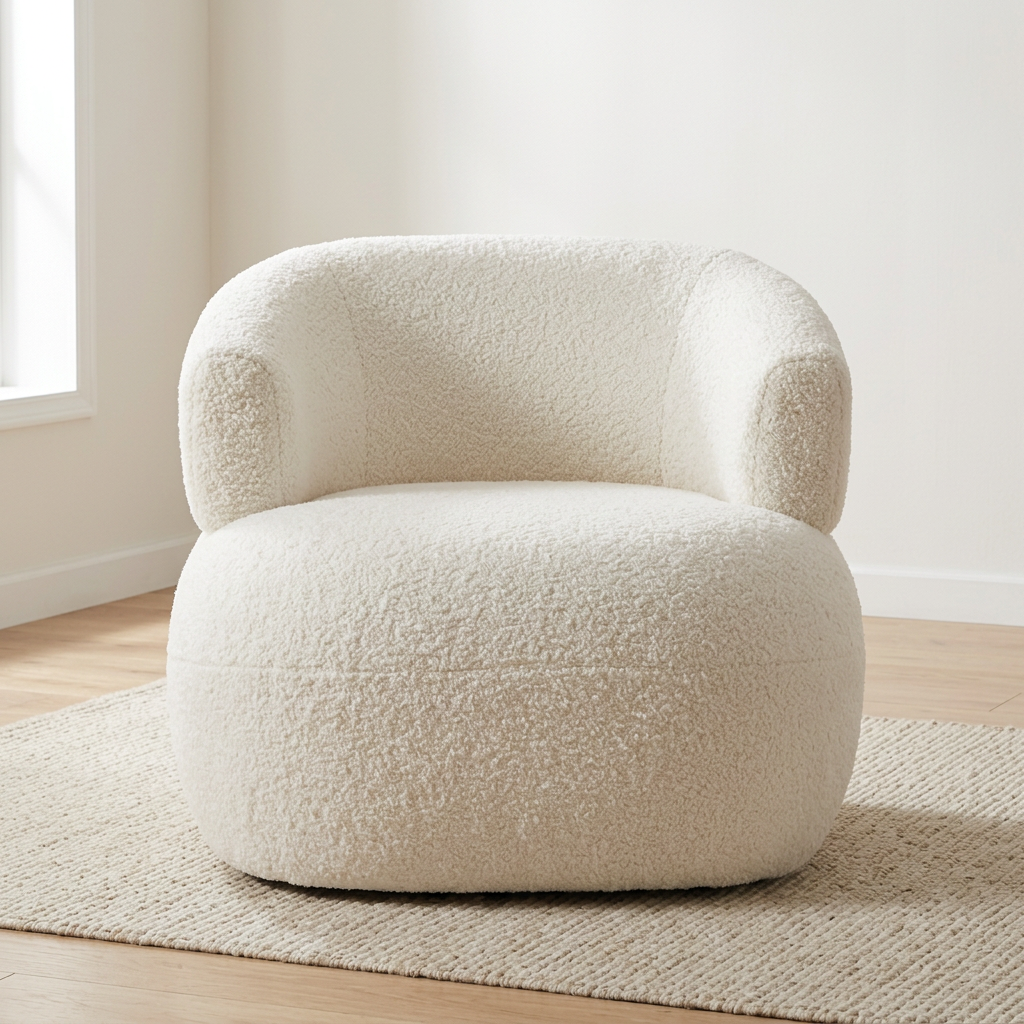 Soreva ivory bouclé armchair, front view in a neutral living room