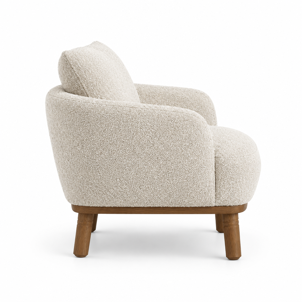 Pippa Bouclé Tub Arm Chair side view in ivory on white