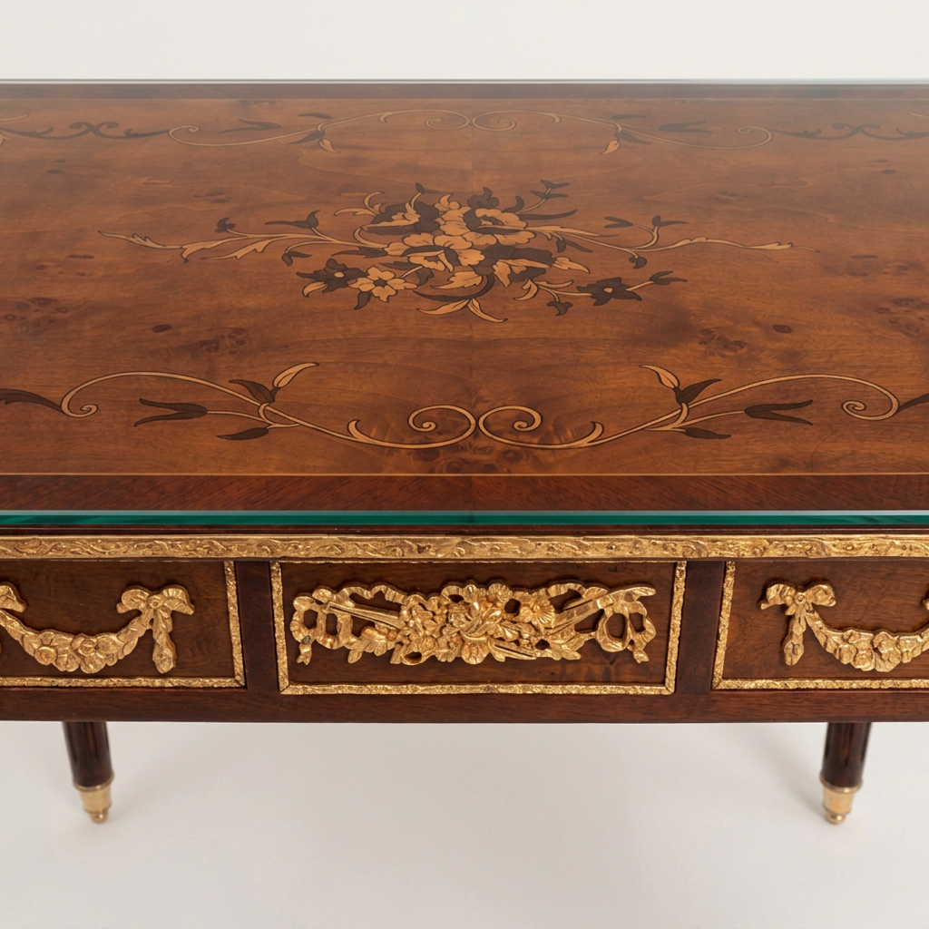Floral marquetry and brass table detail